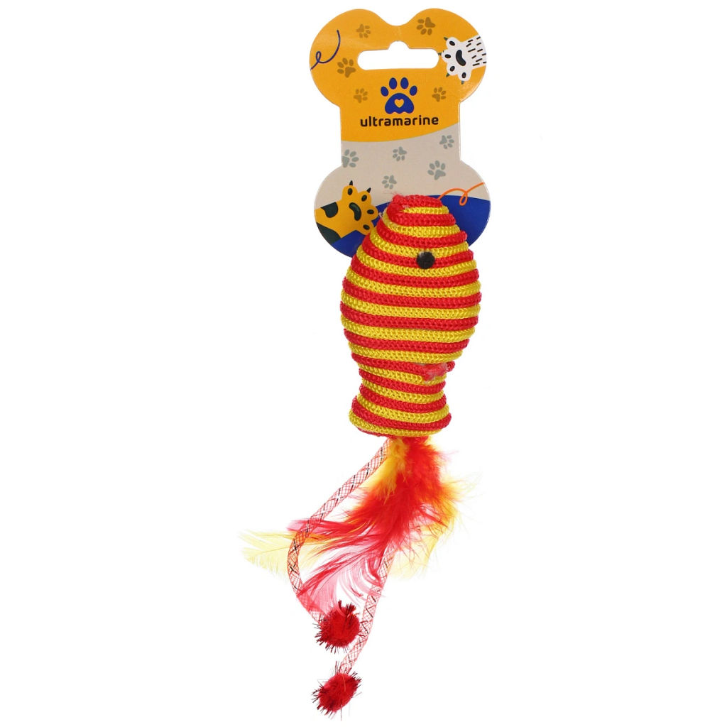 Цена за 6 шт. Игрушка - рыбка для кошек "ИГРУЛИК", с перышками, цвет синий и желтый, 18,5*4,5см