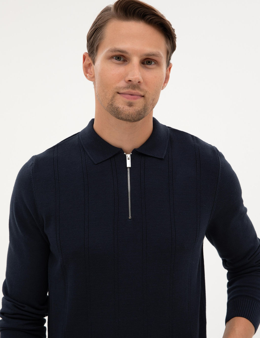 Lacivert Slim Fit Polo Yaka Fermuarl_ Triko Kazak - Pierre cardin фото 2