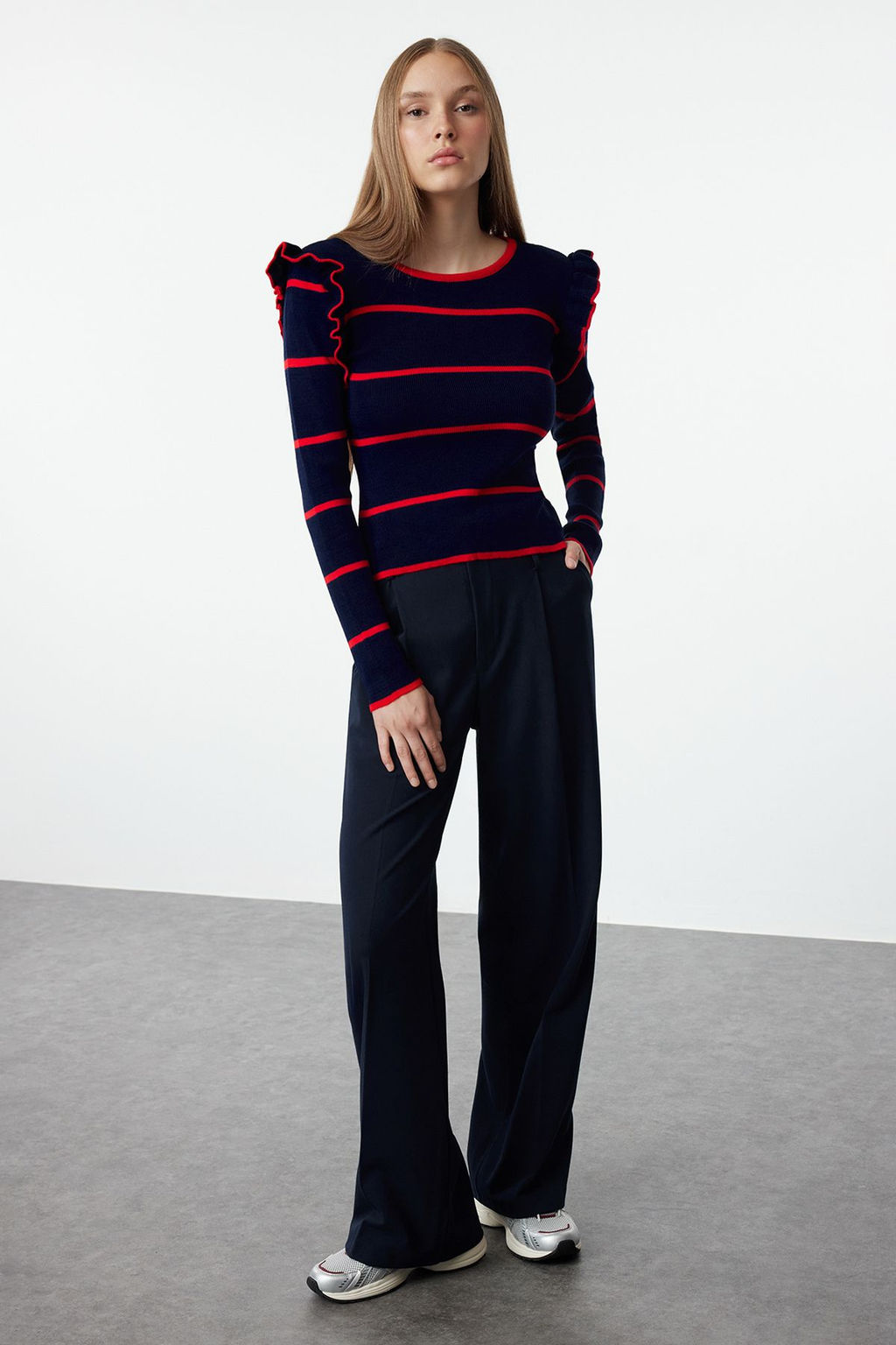 Ekru Omuzu Volanl? Cizgili Triko Kazak TWOAW25KZ00243 - Trendyolmilla фото 7