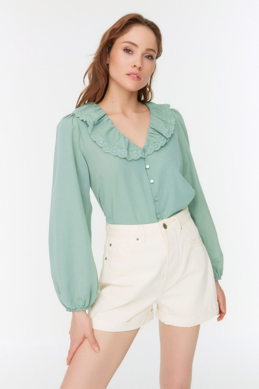 TRENDYOLMILLA Mint Yaka Dantel Detayl? Dokuma Gomlek TWOSS22GO0235 фото 2