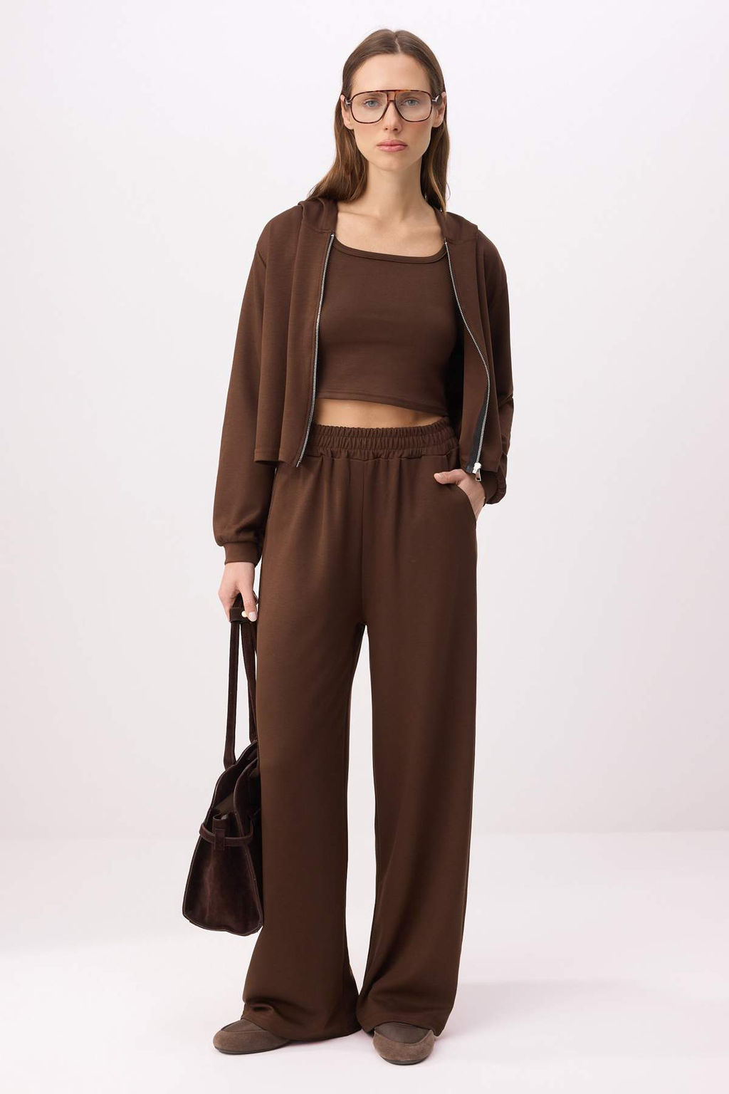 Kahverengi 3lu Wide Leg Havuz Yaka Genis Paca Soft Touch Orme Alt Ust Tak?m TWOSS26AU00147