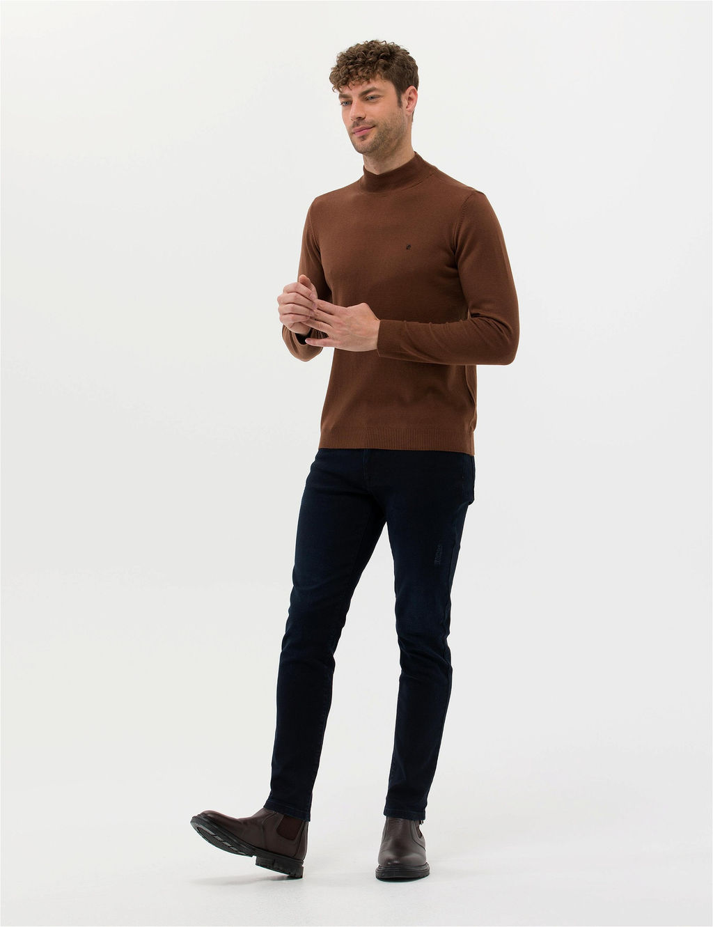 Kahverengi Slim Fit Yar_m Bal_k__ Yaka Basic Triko Kazak - Pierre cardin фото 4