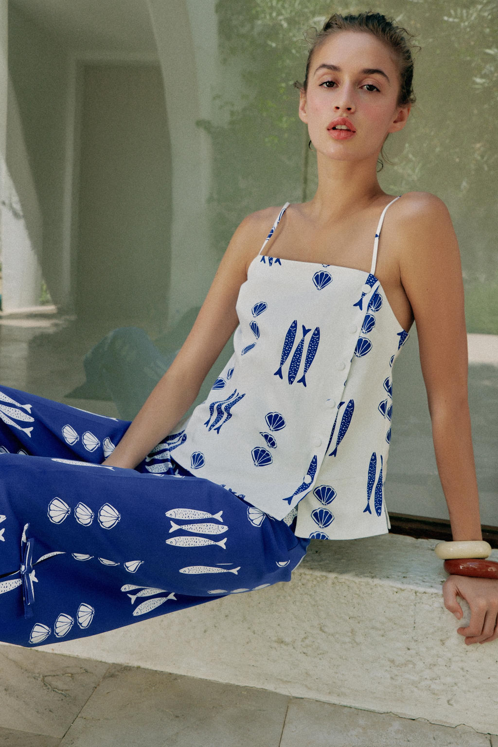 PANTAL?N CULOTTE ESTAMPADO LAZOS / Azul / Blanco