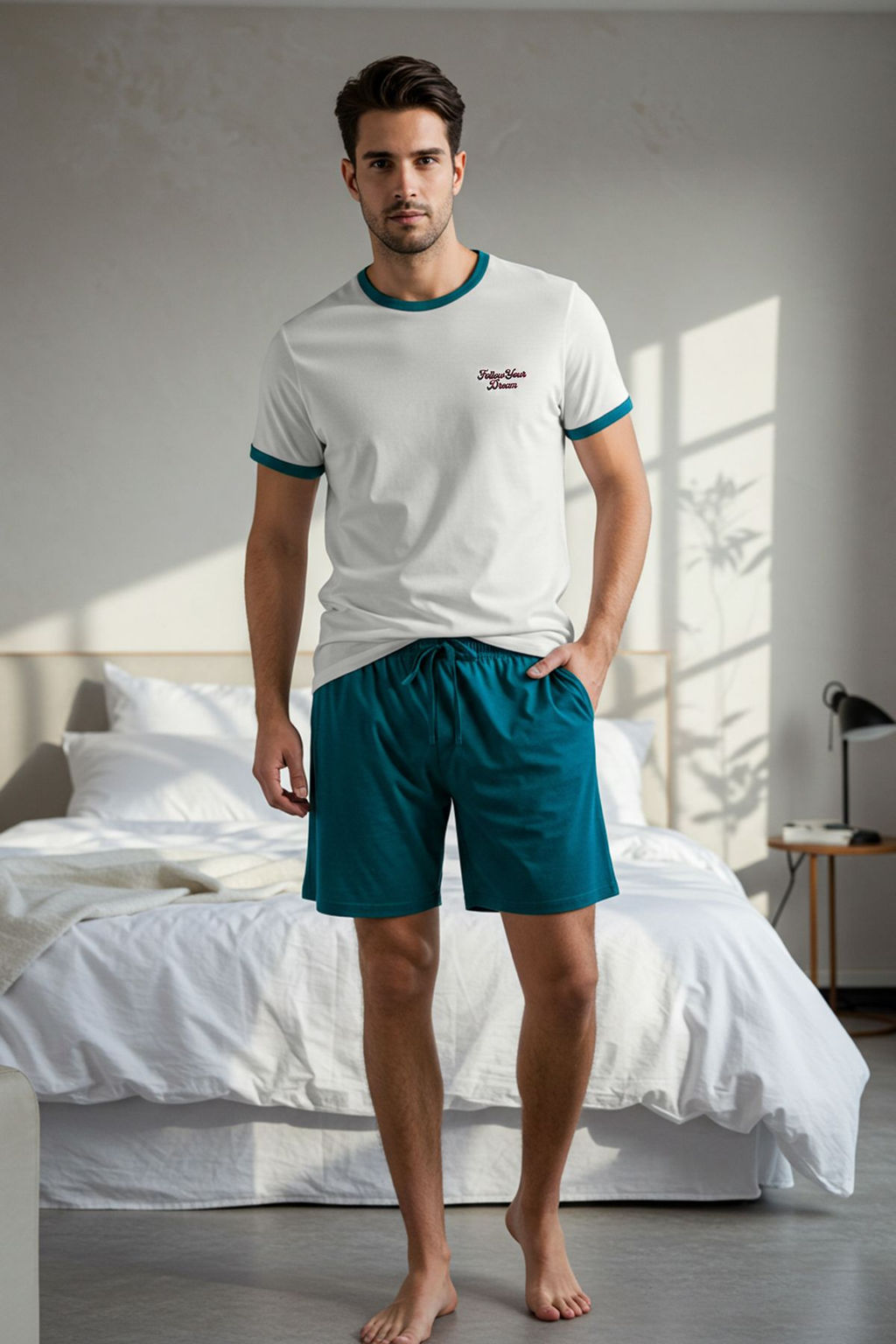 TRENDYOL MAN Ekru Zumrut Yesili Regular Fit Nak?sl? Orme Sortlu Pijama Tak?m? TMNSS25PT00026