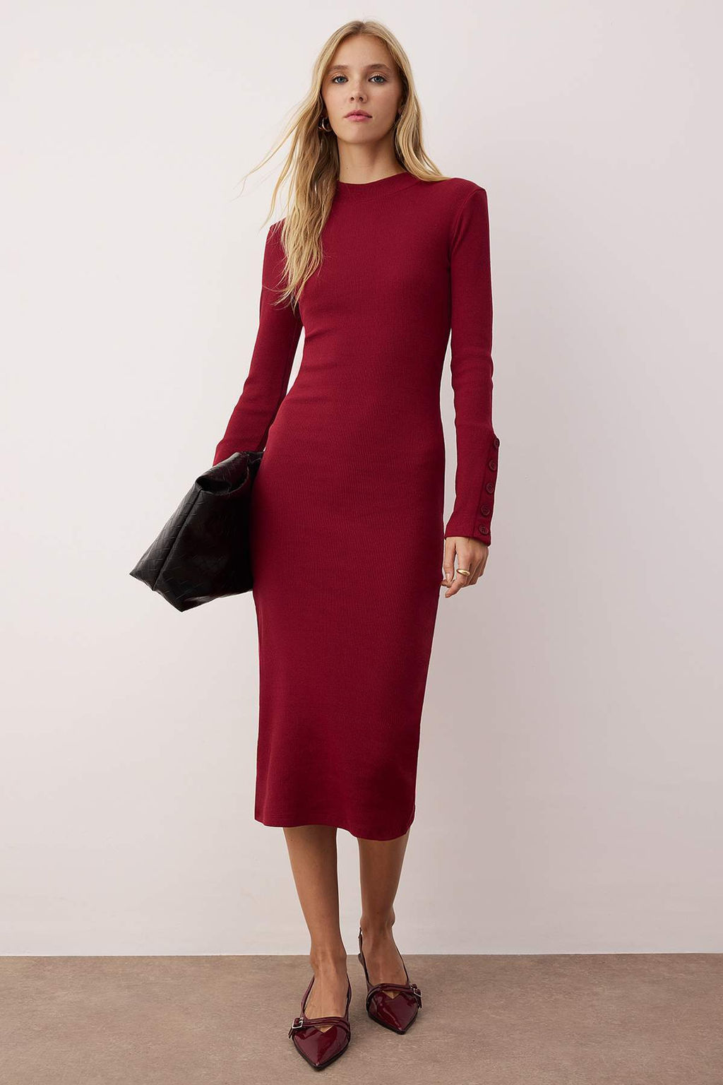 Bordo Dik Yaka Fitted/Vucuda Oturan Dugmeli Midi Orme Elbise TWOAW26EL00218