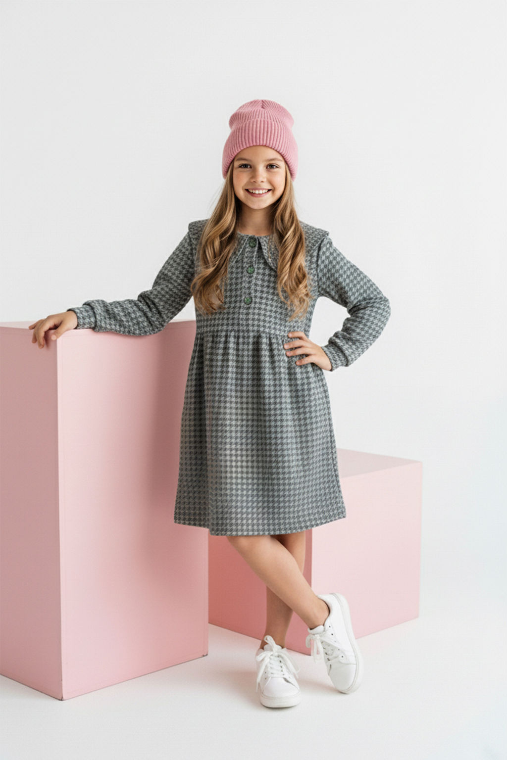 Siyah Ekose / Kareli Bebe Yaka A-line K?z Cocuk Orme Elbise TKDAW26EL00006