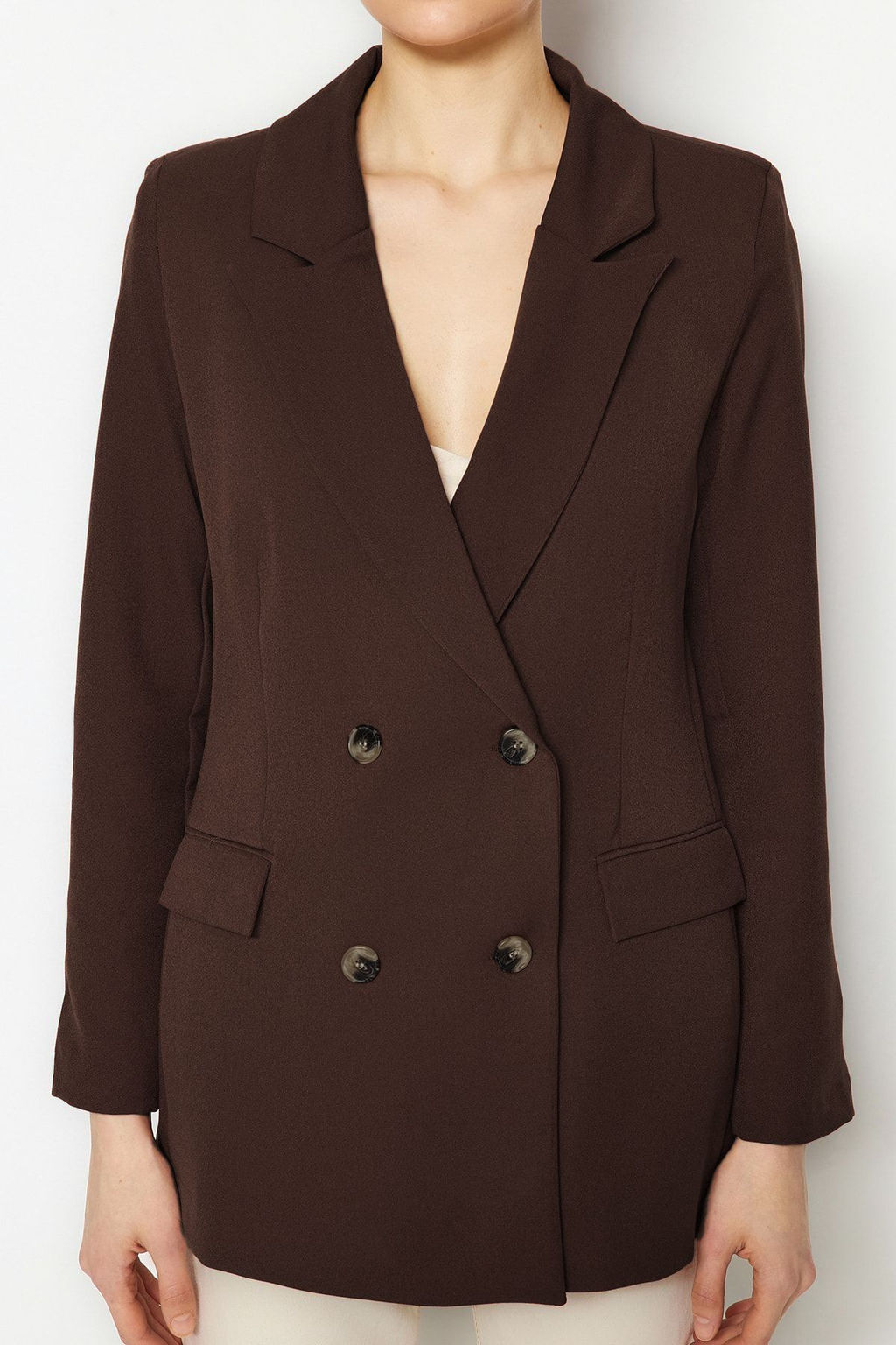 Koyu Kahverengi Astarl? Kruvaze Kapama Dokuma Blazer Ceket TWOAW21CE0145
