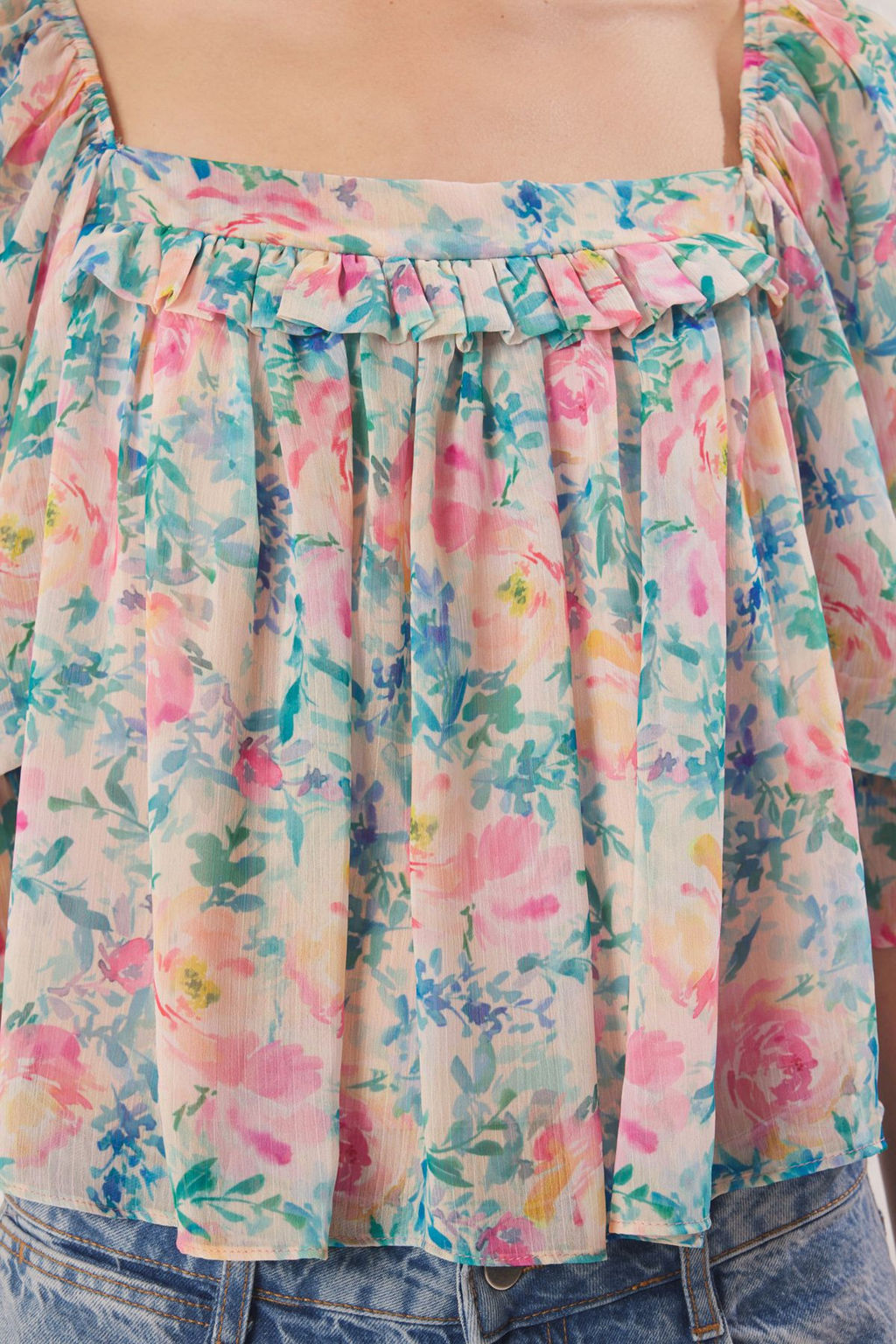 Trendyolmilla Yesil Sifon Kare Yaka Balon Kol Dokuma Bluz TWOSS25BZ00351  фото 4