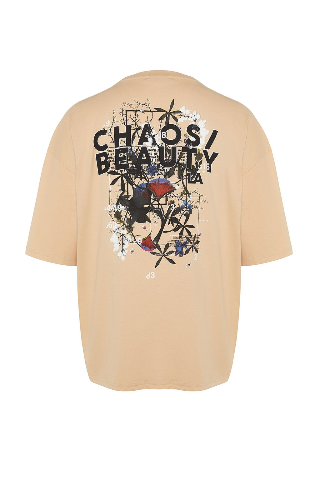 Bej Oversize/Genis Kesim S?rt Yaz? Bask?l? %100 Pamuklu T-Shirt TMNSS21TS2037