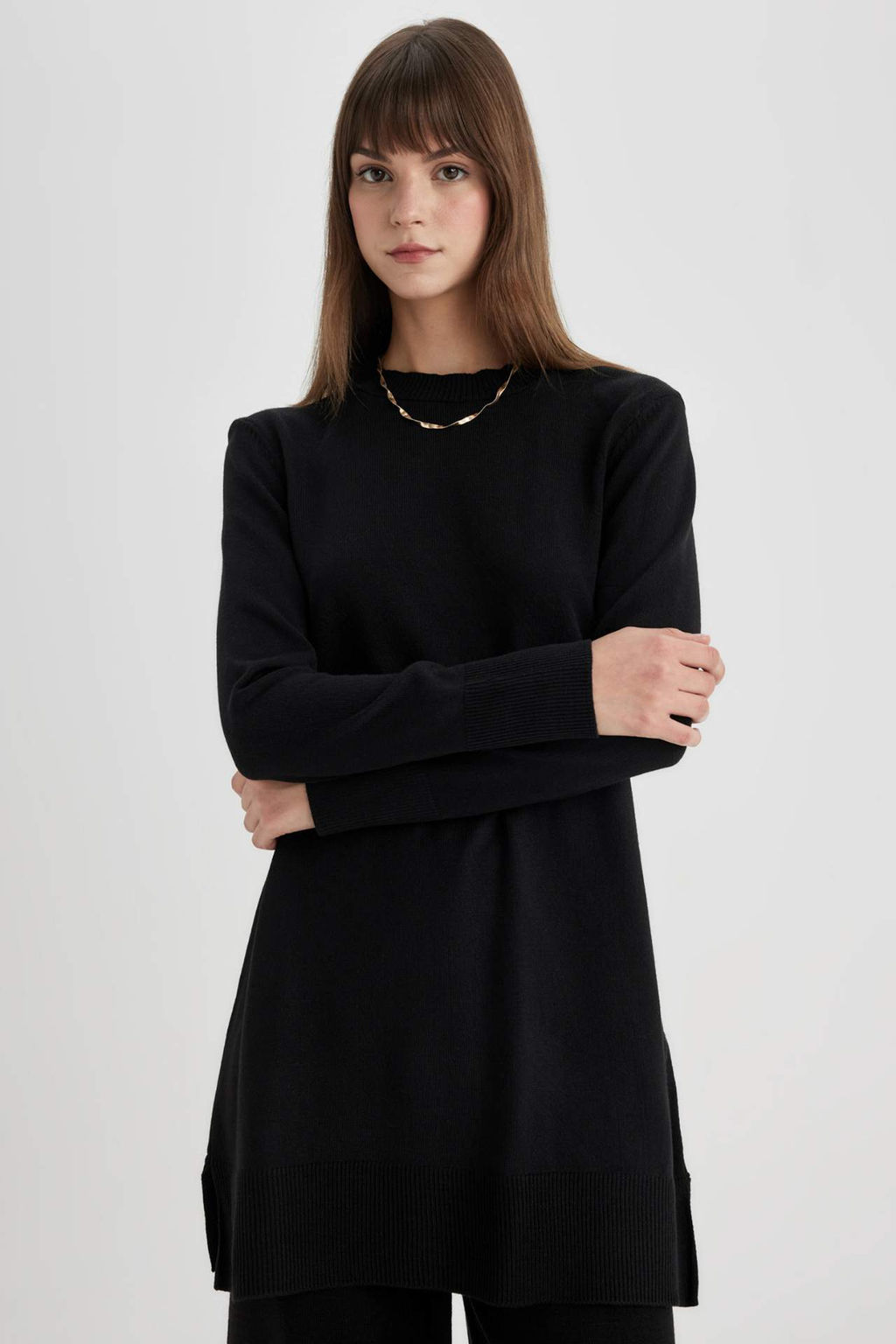 Regular Fit Bisiklet Yaka Y?rtmacl? Basic Duz Triko Kazak Tunik - Defacto фото 2