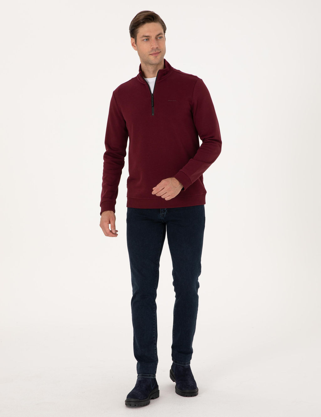 Bordo 3 _plik Regular Fit Fermuarl_ Dik Yaka Basic Sweatshirt