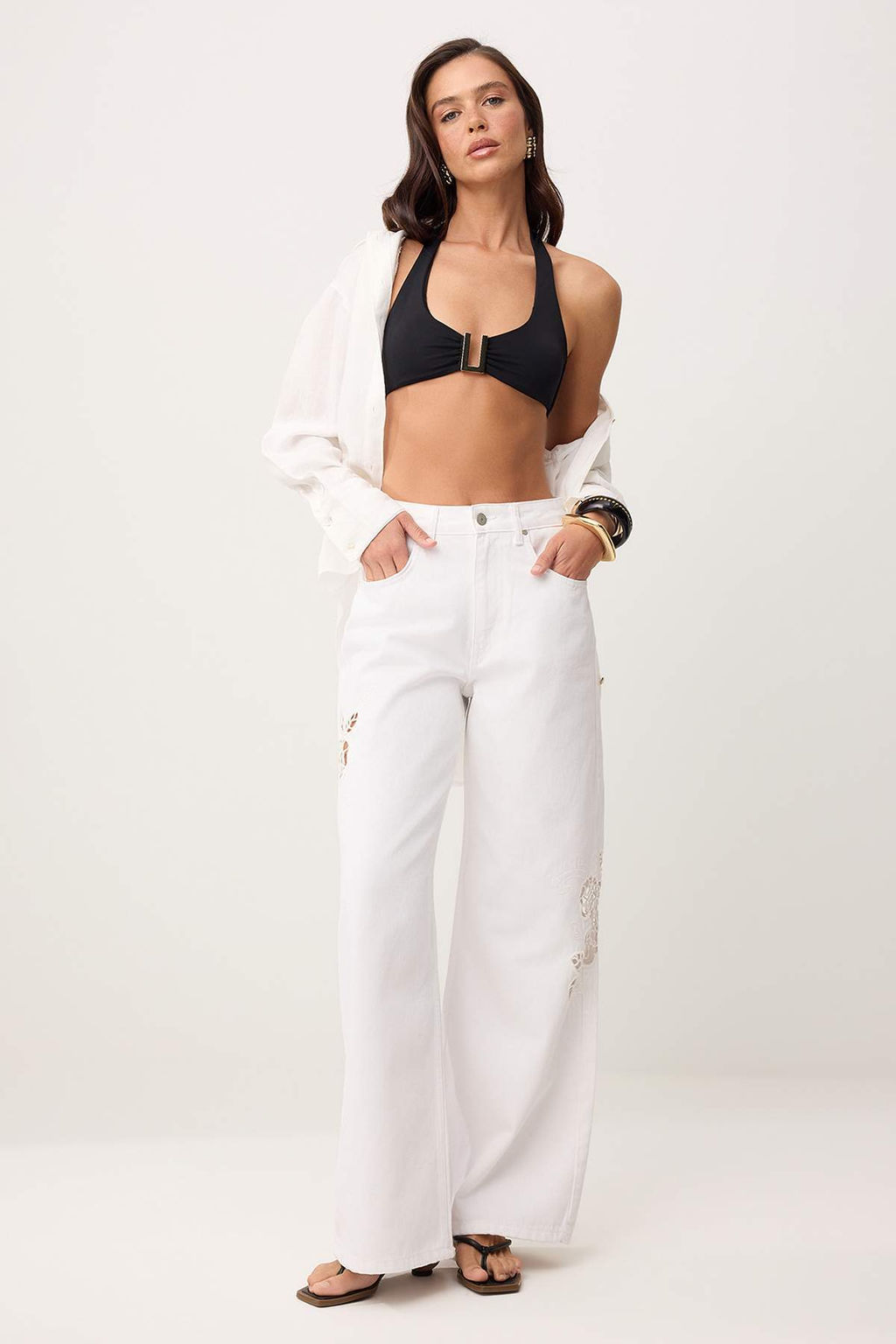 Beyaz Brode Detayl? Yuksek Bel %100 Pamuk Wide Leg Jeans TWOSS26JE00260 - Trendyolmilla фото 5