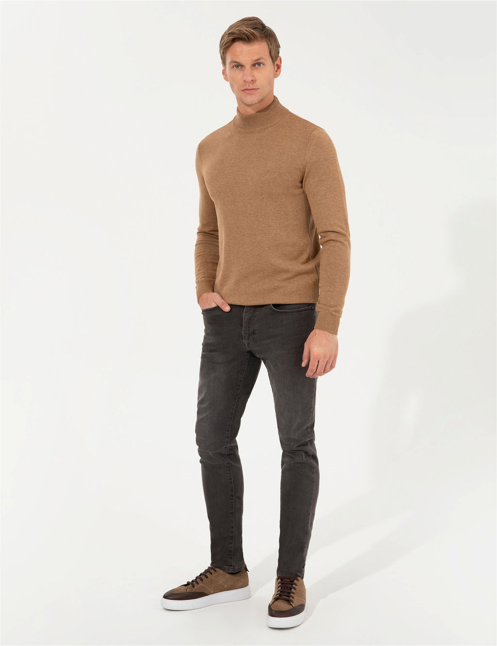 Camel Melanj Slim Fit Yar_m Bal_k__ Yaka Basic Triko Kazak - Pierre cardin фото 4