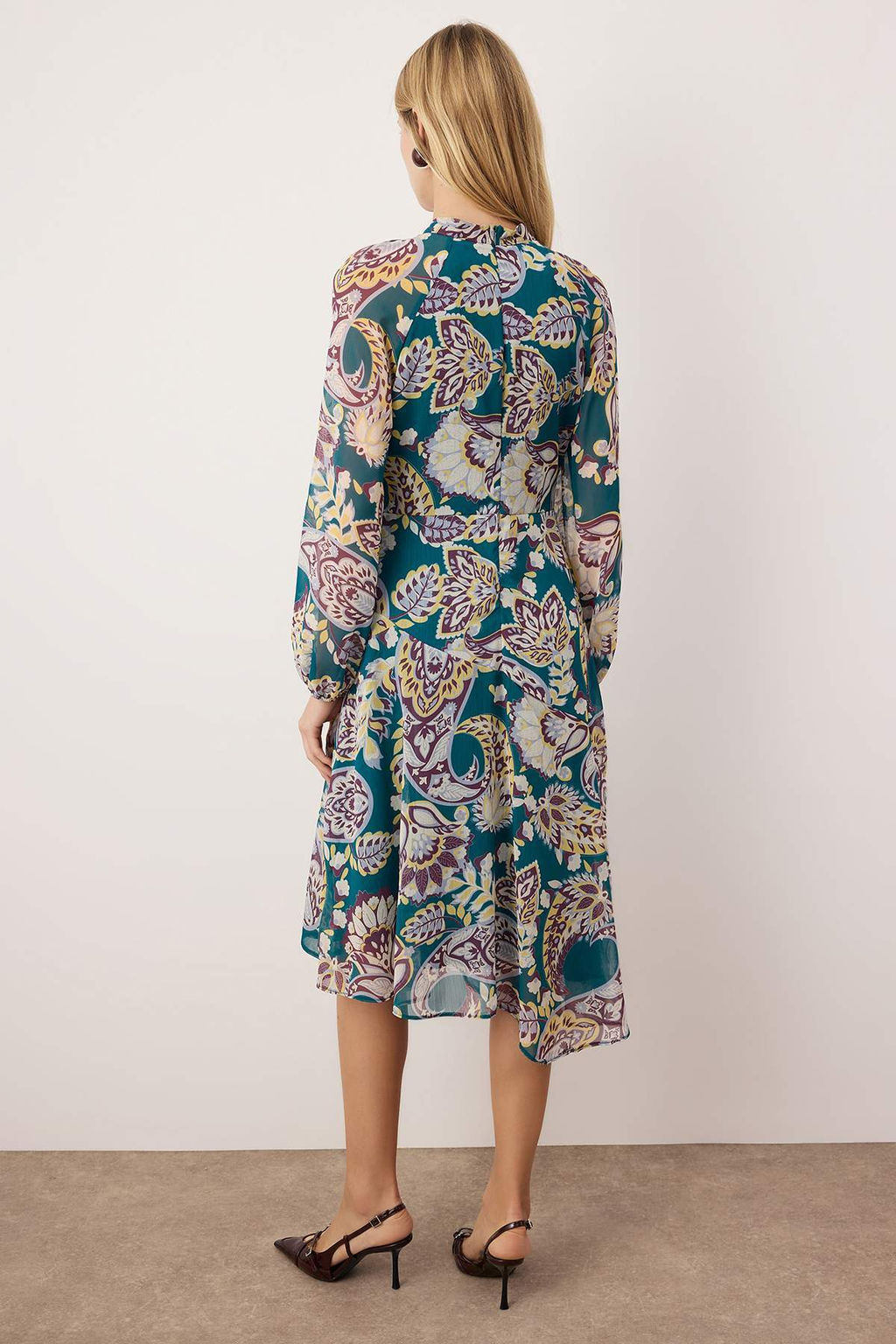 Yesil-Cok Renkli Midi Sifon Astarl? Dokuma Elbise TWOAW26EL00284