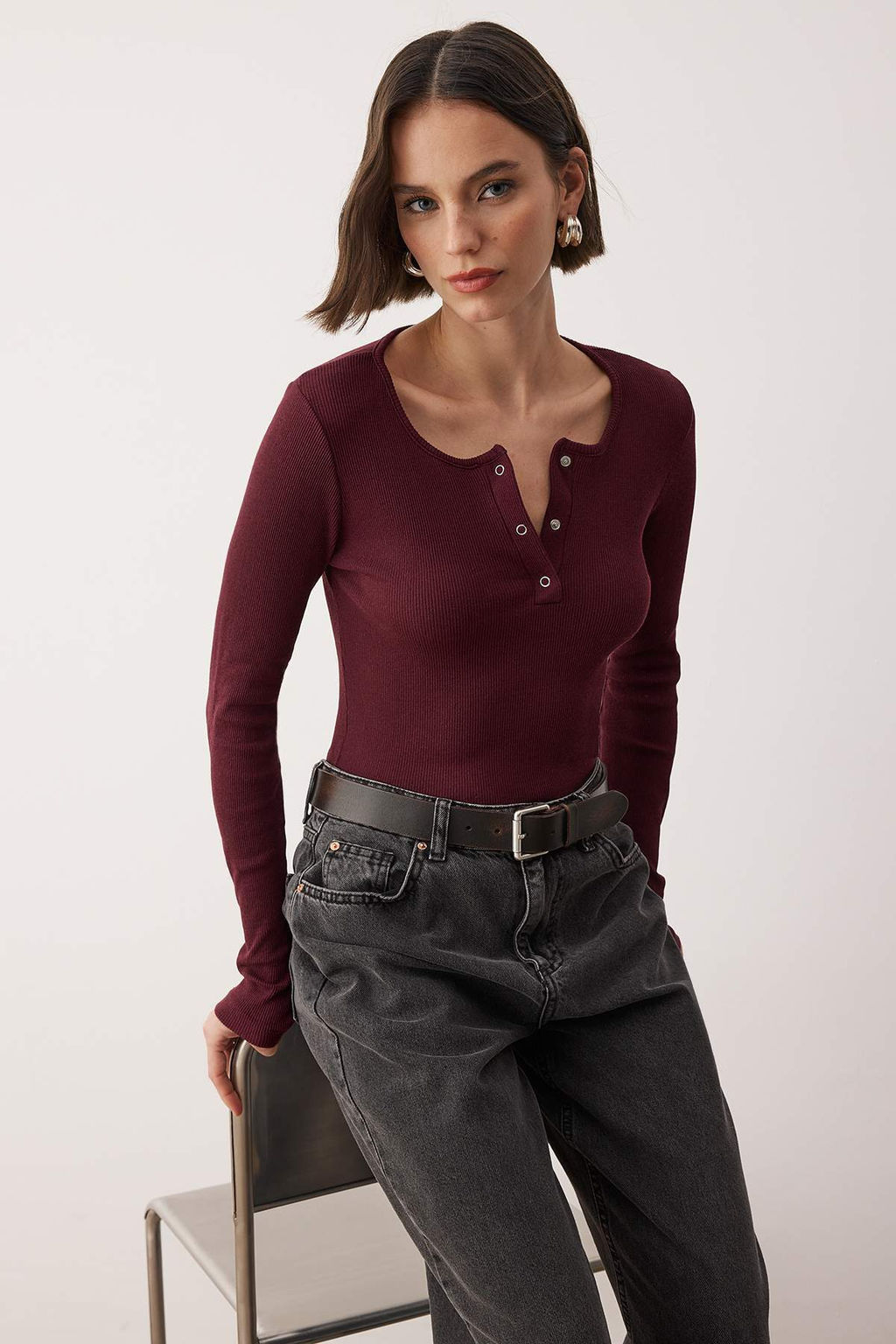 Bordo C?tc?tl? Fitted/Vucuda Oturan Fitilli Esnek Orme Bluz TWOAW25BZ00080