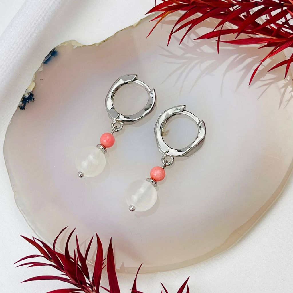 Серьги двойные из Селенита и Коралла