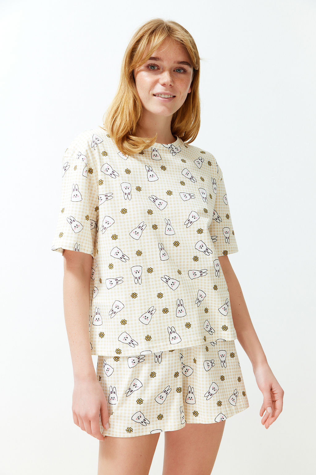 Trendyolmilla Sar?-Cok Renkli %100 Pamuklu Potikare Sortlu Orme Pijama Tak?m? THMSS24PT00211