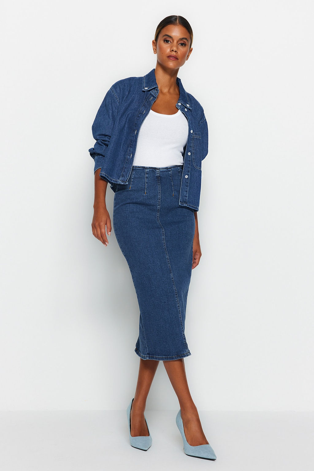 TRENDYOLMILLA Siyah More Sustainable Dikis Detayl? Midi Kalem Denim Etek TWOAW24ET00057  фото 6