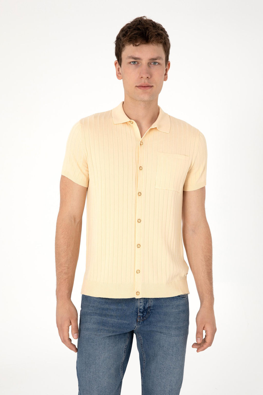 Erkek Slim Fit Bej D__meli Triko Ti__rt Sepette S_rpriz _ndirim