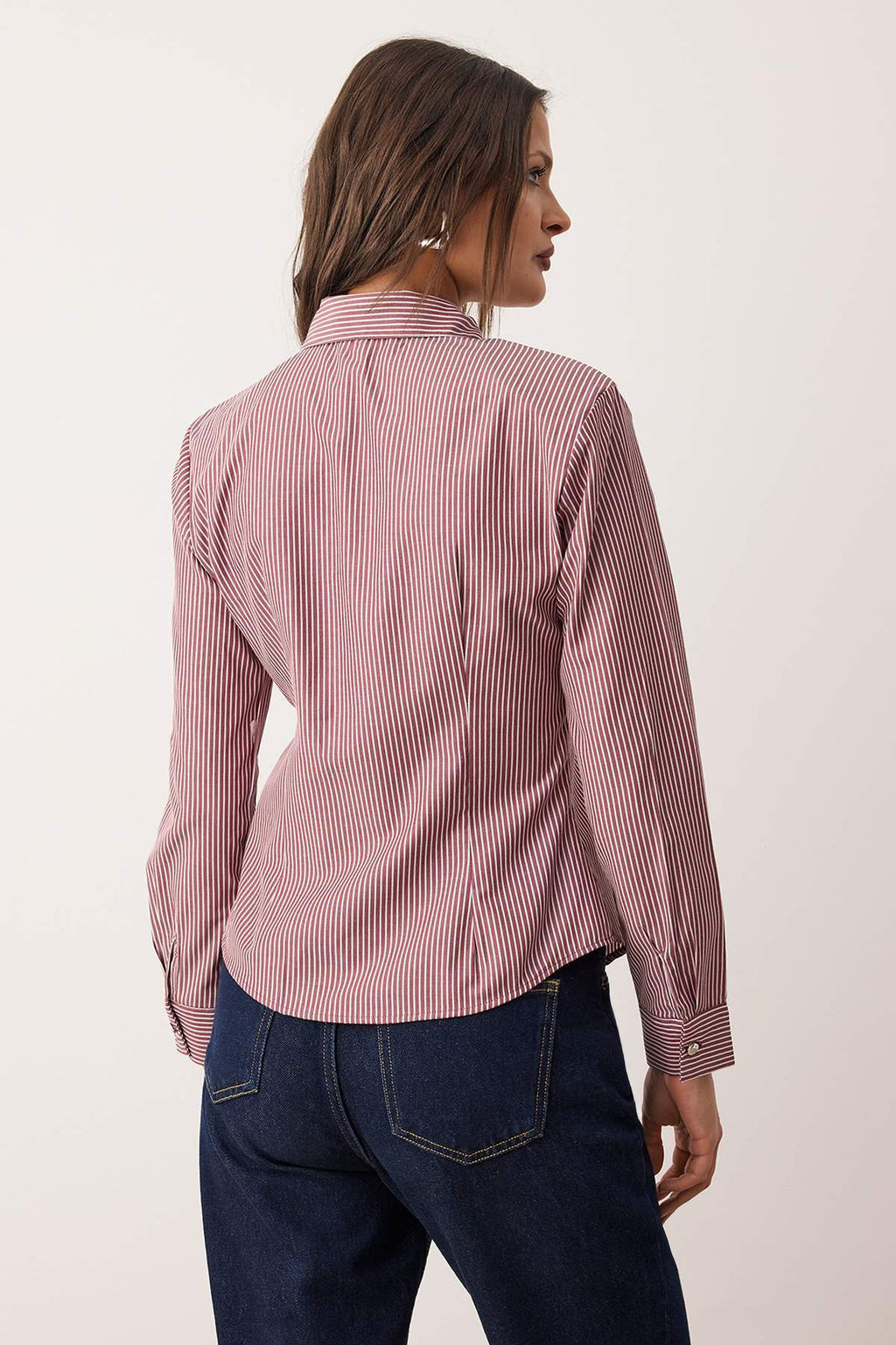 Bordo Cok Renkli Cizgili Gumus Dugme Detayl? Bele Oturan Vatkal? Gomlek TWOAW26GO00064