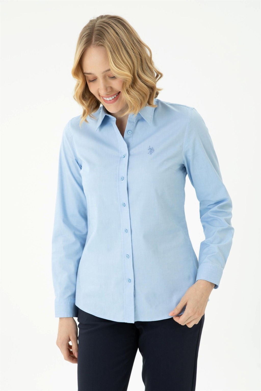 Женская синяя базовая рубашка с длинным рукавом - U.s. polo assn фото 9