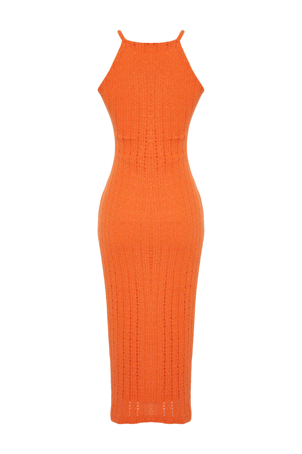 TRENDYOLMILLA Turuncu Triko Gorunumlu Shift/Duz Kesim Halter Yaka Midi Esnek Orme Kalem Elbise TWOSS24EL00594  фото 8