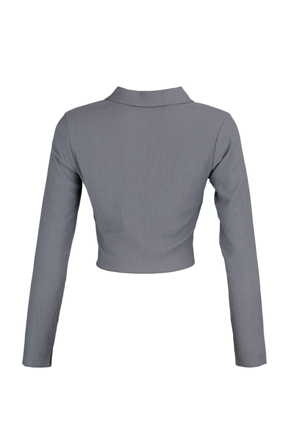 Gri Dugmeli Fitted/Vucuda Oturan Polo Yaka Burumcuk/Dokulu Crop Orme Bluz TWOAW22BZ0241 - Trendyolmilla фото 2