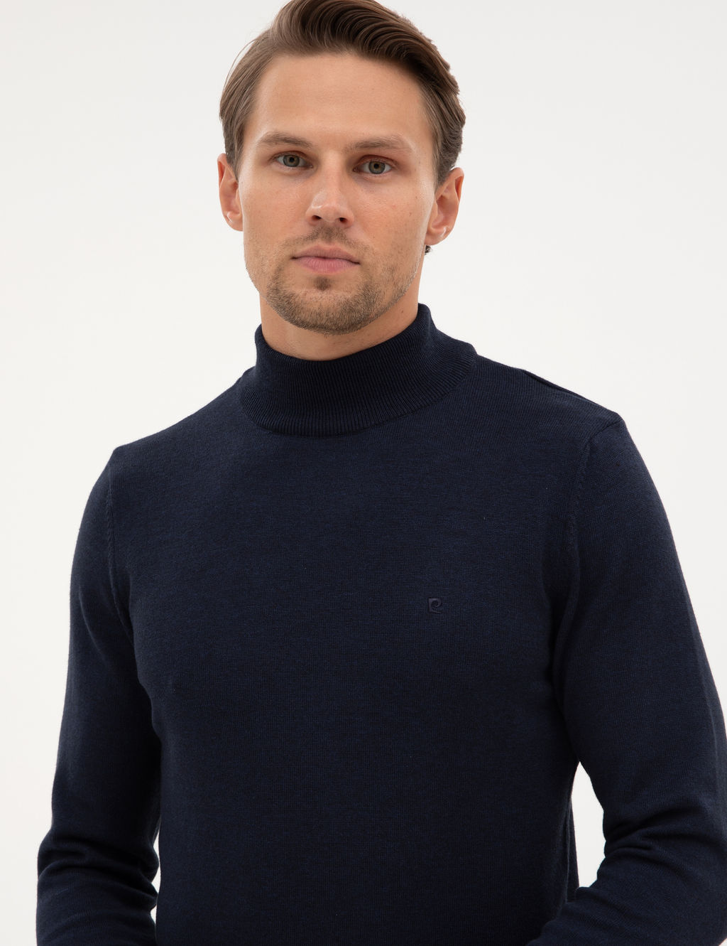 Lacivert Melanj Slim Fit Yar_m Bal_k__ Yaka Basic Triko Kazak