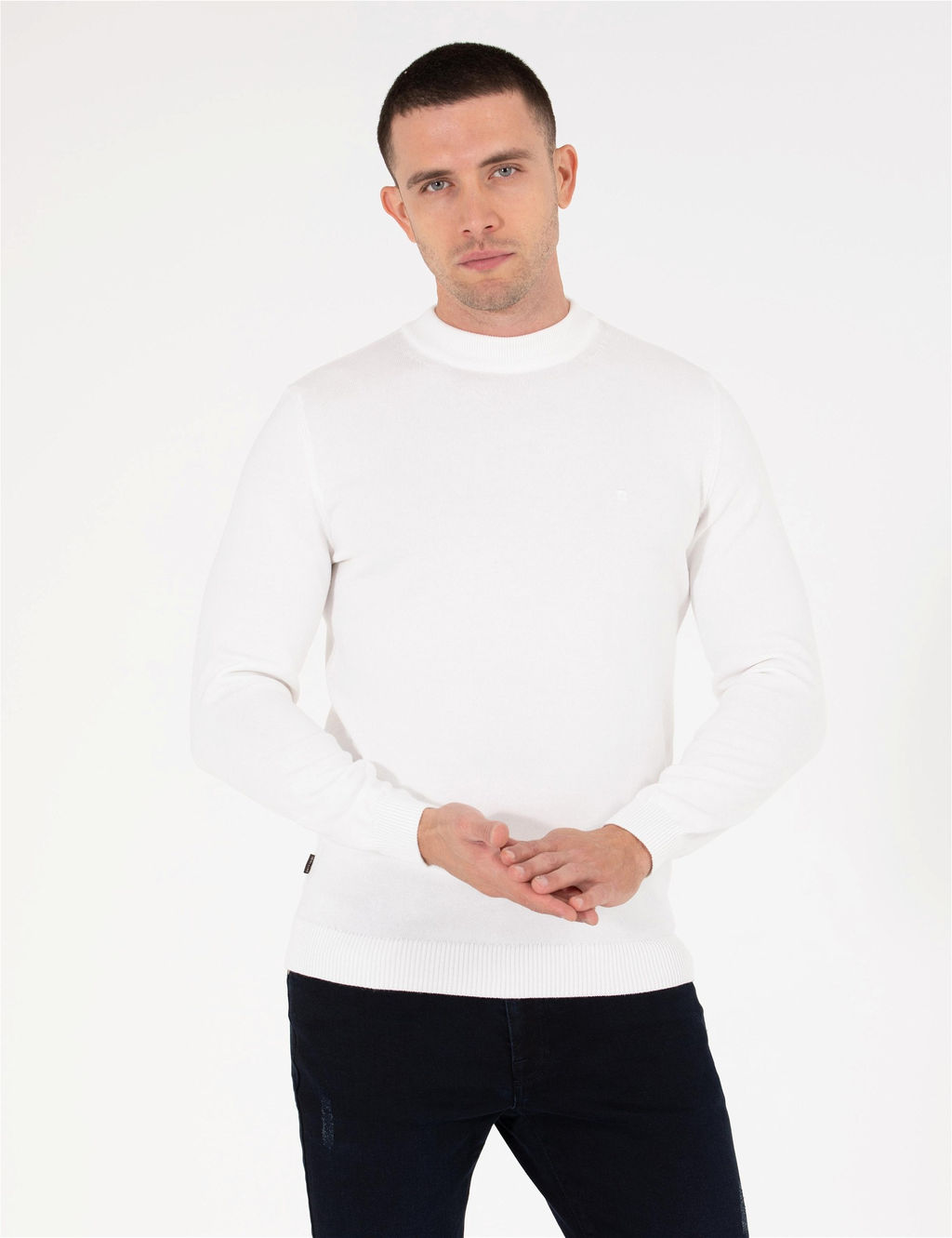 Ekru Slim Fit Yar_m Bal_k__ Yaka Basic Triko Kazak