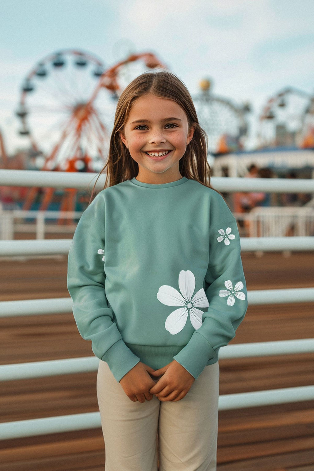Mint K?z Cocuk Mevsimlik-Ince Cicek Desenli Orme Sweatshirt TKDAW25SW00001