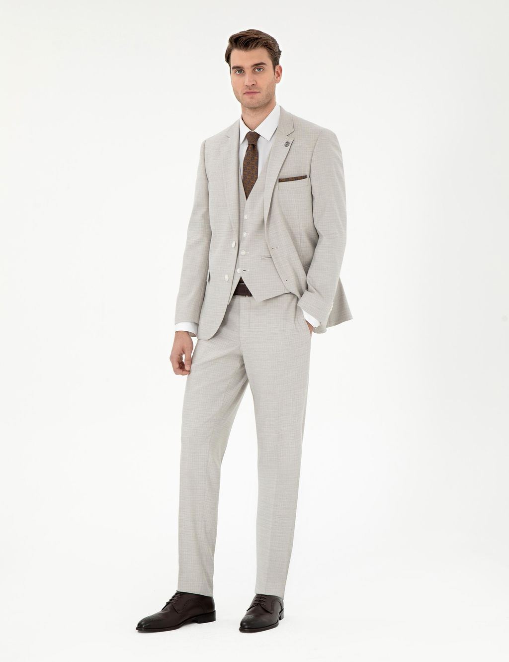 Bej Ex. Slim Fit Yelekli Tak_m Elbise
