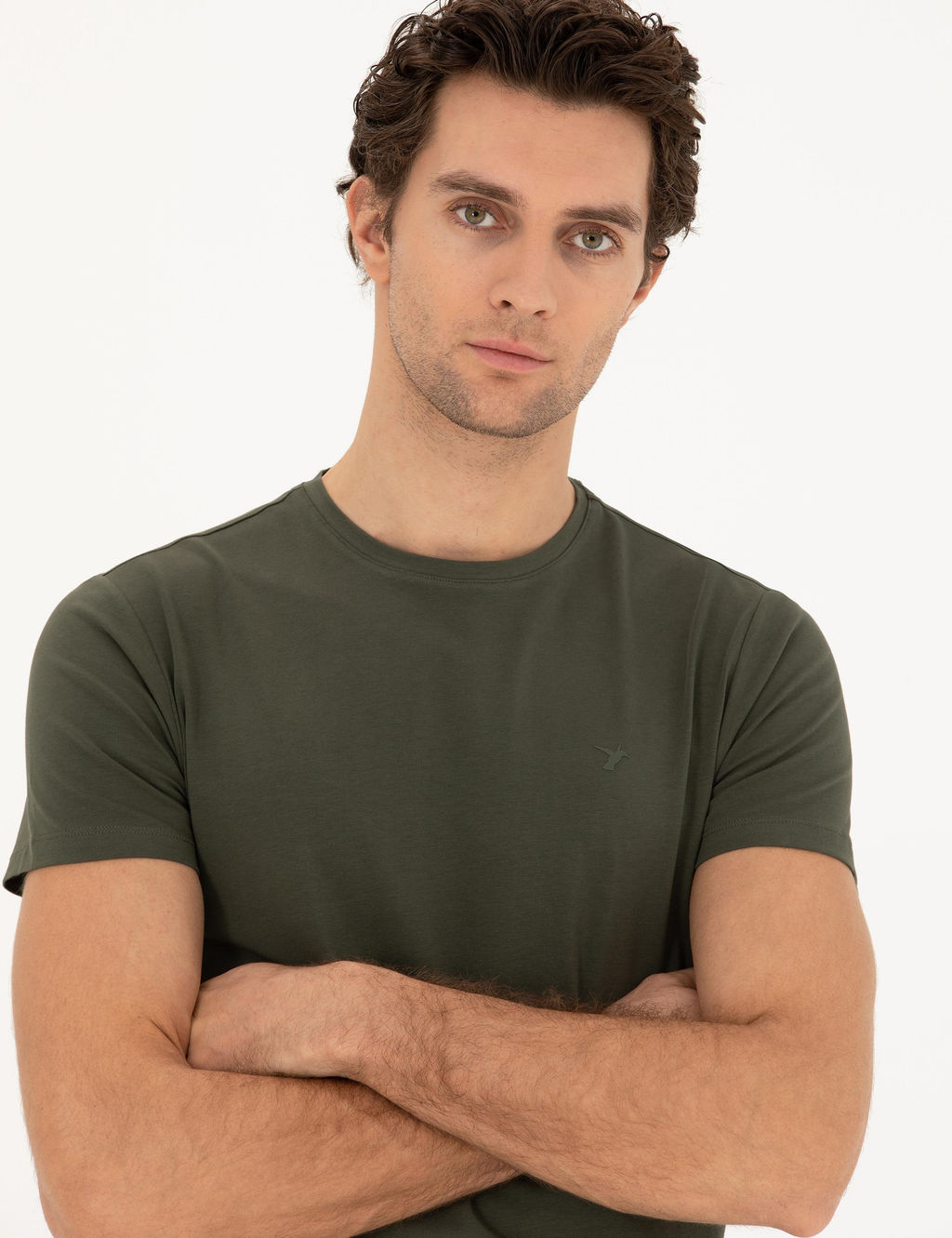 Хаки Облегающая базовая футболка с круглым вырезом - Cacharel фото 2