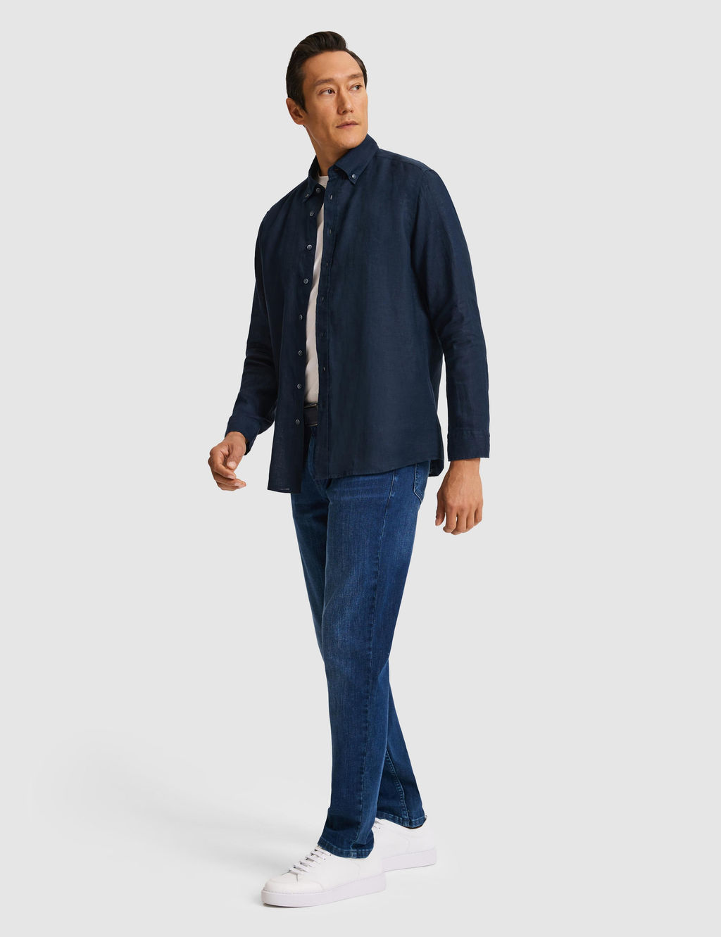 Lacivert Regular Fit Yakas_ D__meli Saf Keten G_mlek