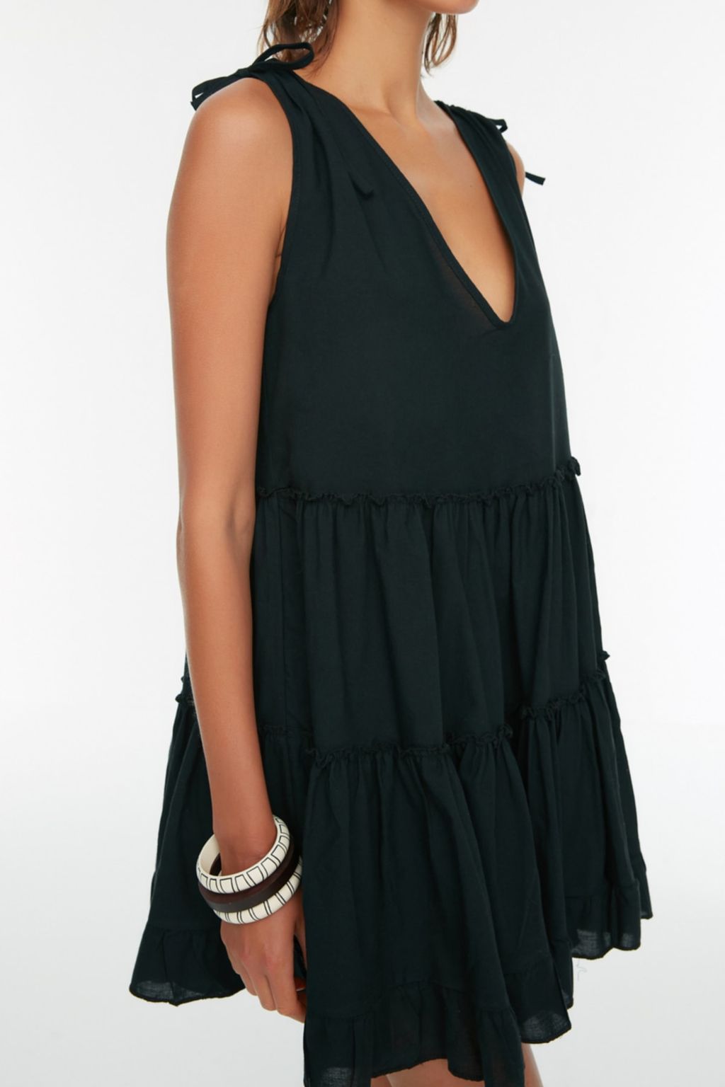 TRENDYOLMILLA Sar? Genis Kal?p Dokuma %100 Pamuk F?rf?rl? Mini Plaj Elbisesi TBESS21EL1247  фото 13