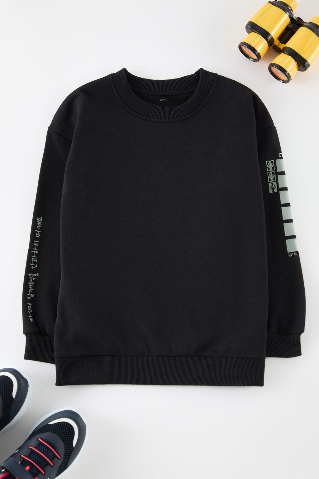 Siyah Erkek Cocuk Kol Bask?l? Bisiklet Yaka Orme Sweatshirt TKDAW25SW00126