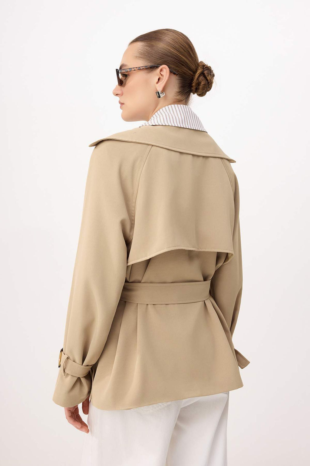 Bej Cizgili Gomlek Yaka Detayl? Kruvaze Kapama Midi Trenckot TWOSS26TR00005 - Trendyolmilla фото 6