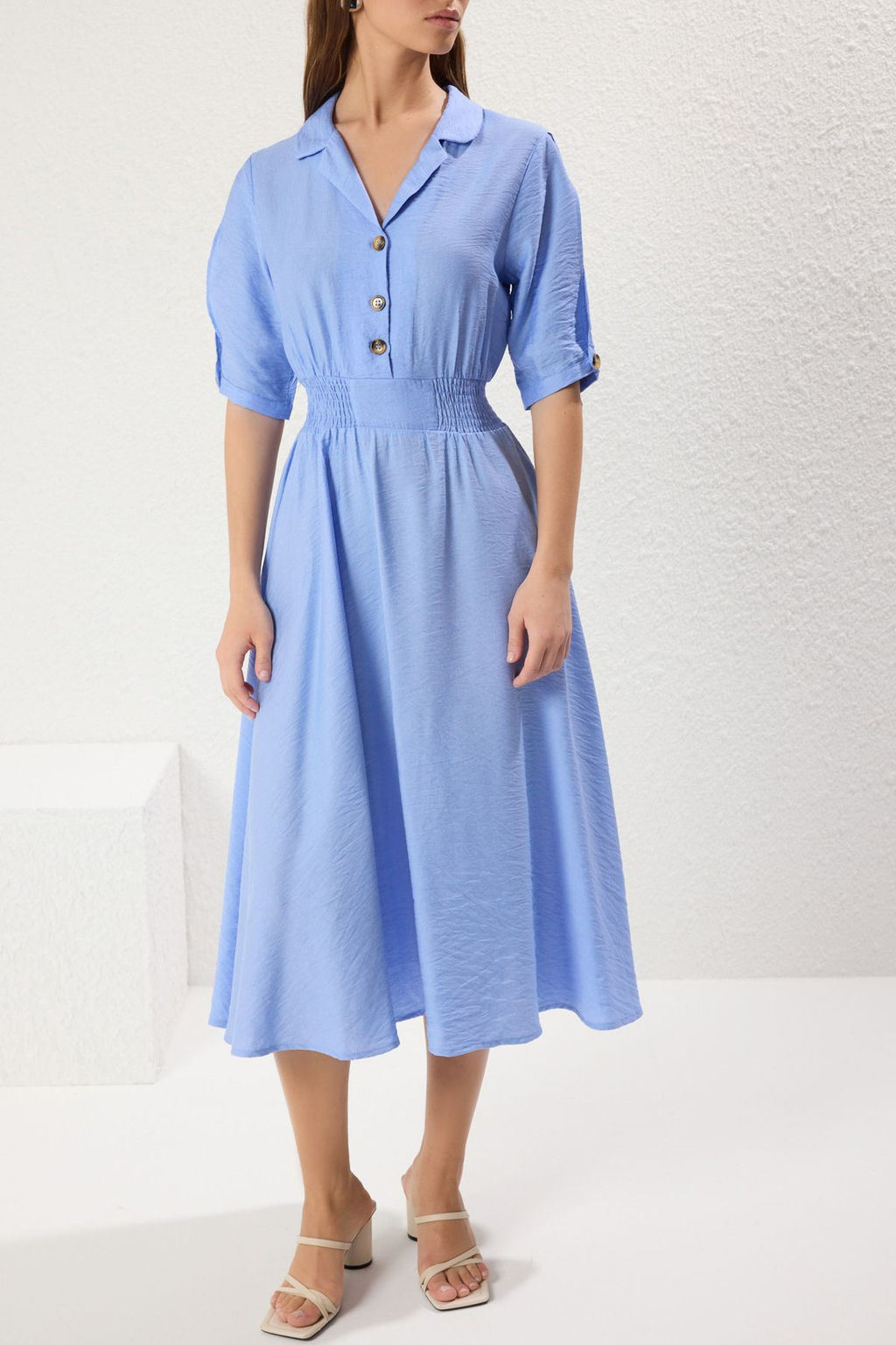 TRENDYOLMILLA Turuncu A Kesim Gomlek Yaka Gipeli Midi Dokuma Elbise TWOSS21EL1023  фото 25