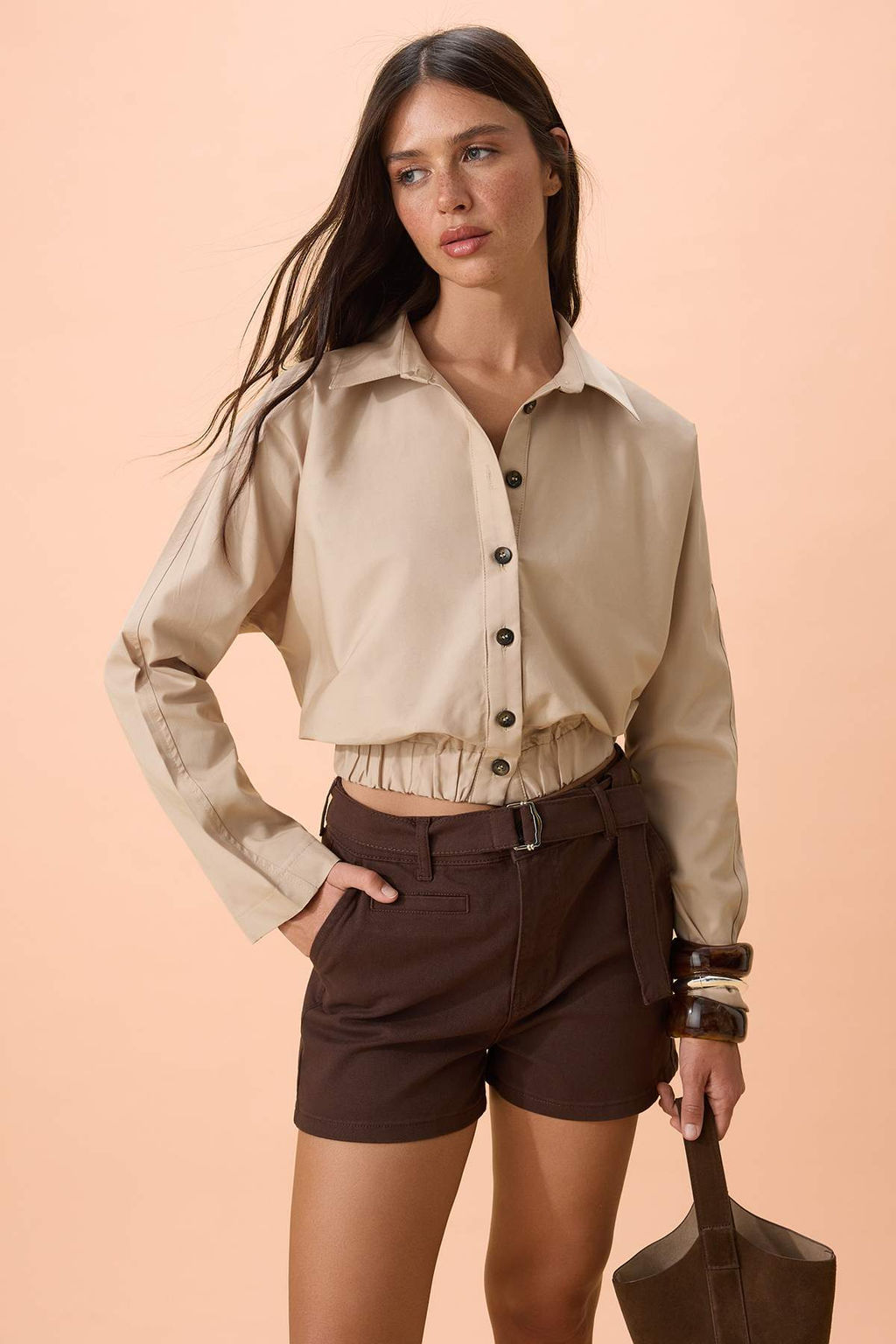 Bej Dugmeli Beli Lastikli Ince Mevsimlik Poplin Ceket TWOSS26CE00036 - Trendyolmilla фото 9