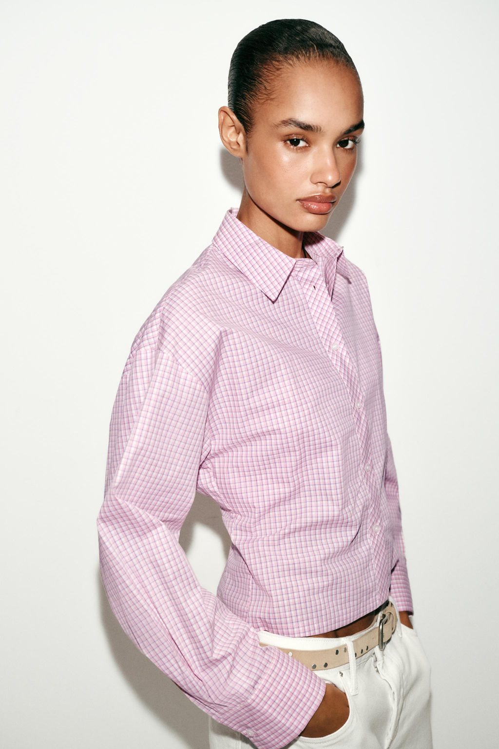 CAMISA CUADROS PINZAS ESPALDA / Rosa / Blanco - Zara фото 2