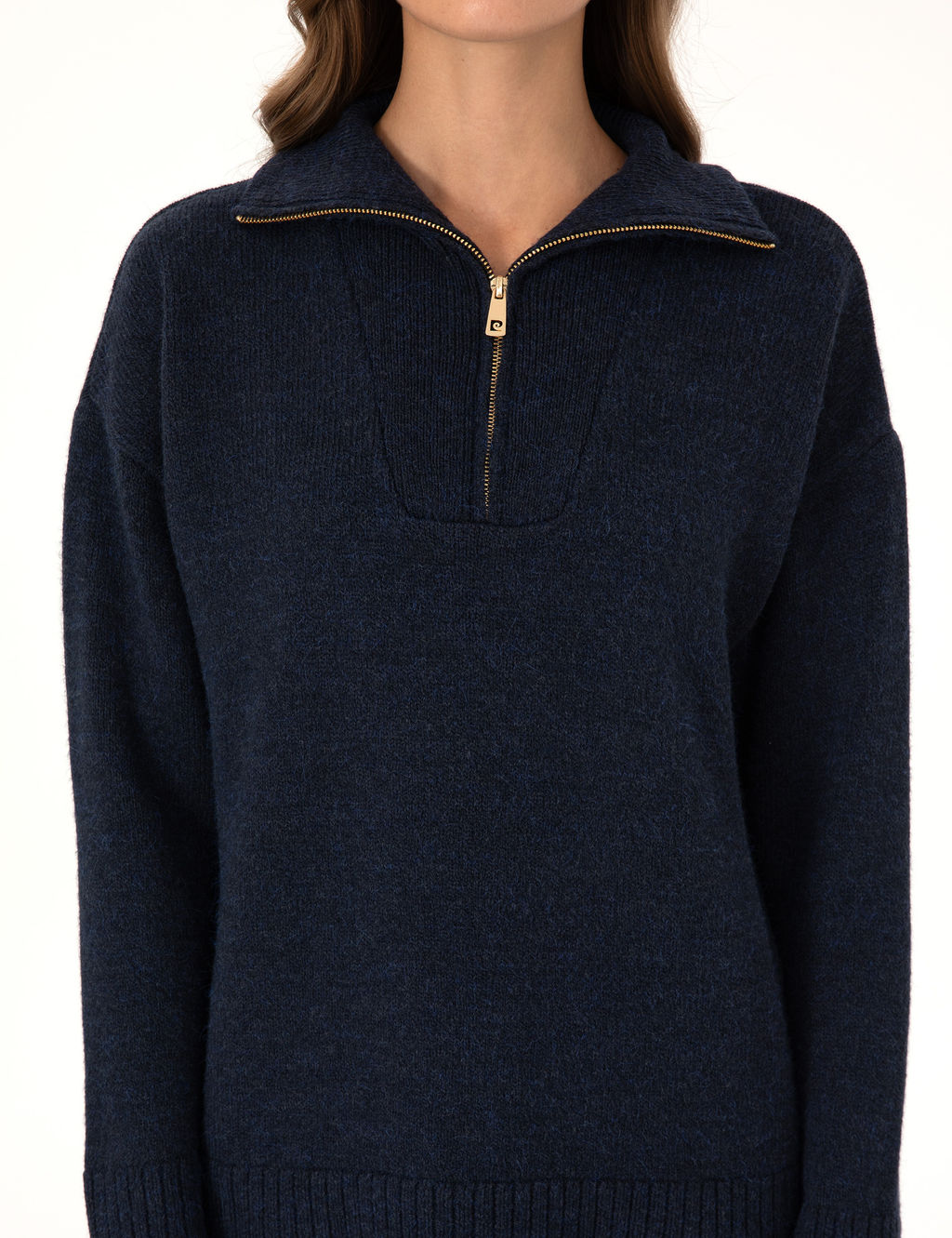 Lacivert Comfort Fit Fermuarl_ Dik Yaka Kazak