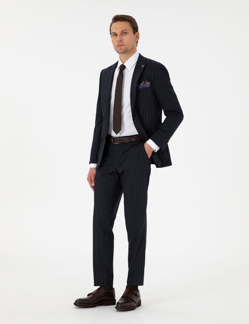 Lacivert Extra Slim Fit _izgili Tak_m Elbise