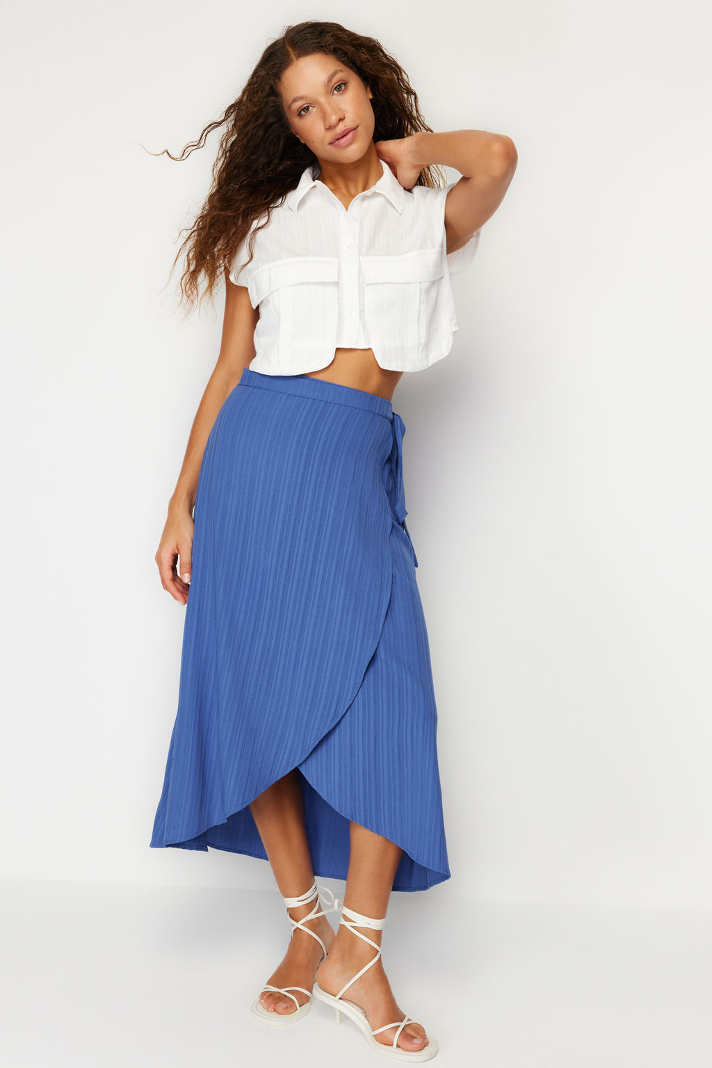 TRENDYOLMILLA Camel Kruvaze Kapama Baglama Detayl? Midi Dokuma Etek TWOSS24ET00052 фото 2