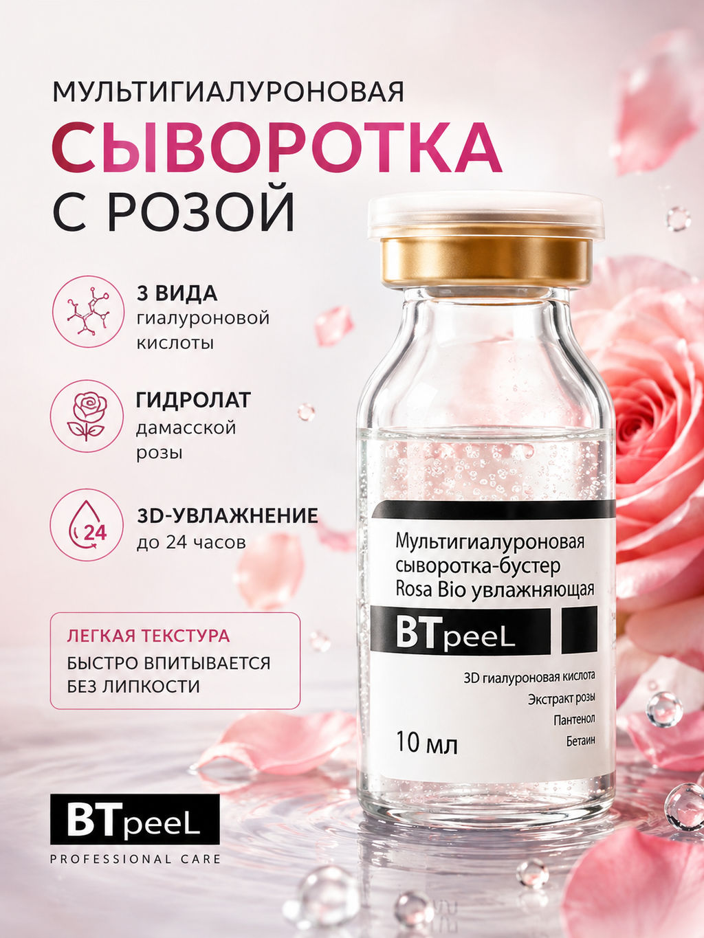 Мультигиалуроновая сыворотка-бустер для лица Rosa Bio увлажняющая с розой, 10 мл - Btpeel фото 2