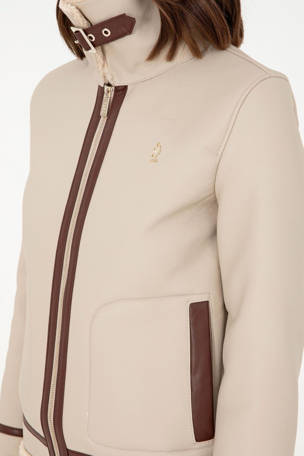 Женская кожаная куртка цвета экрю - U.s. polo assn фото 7