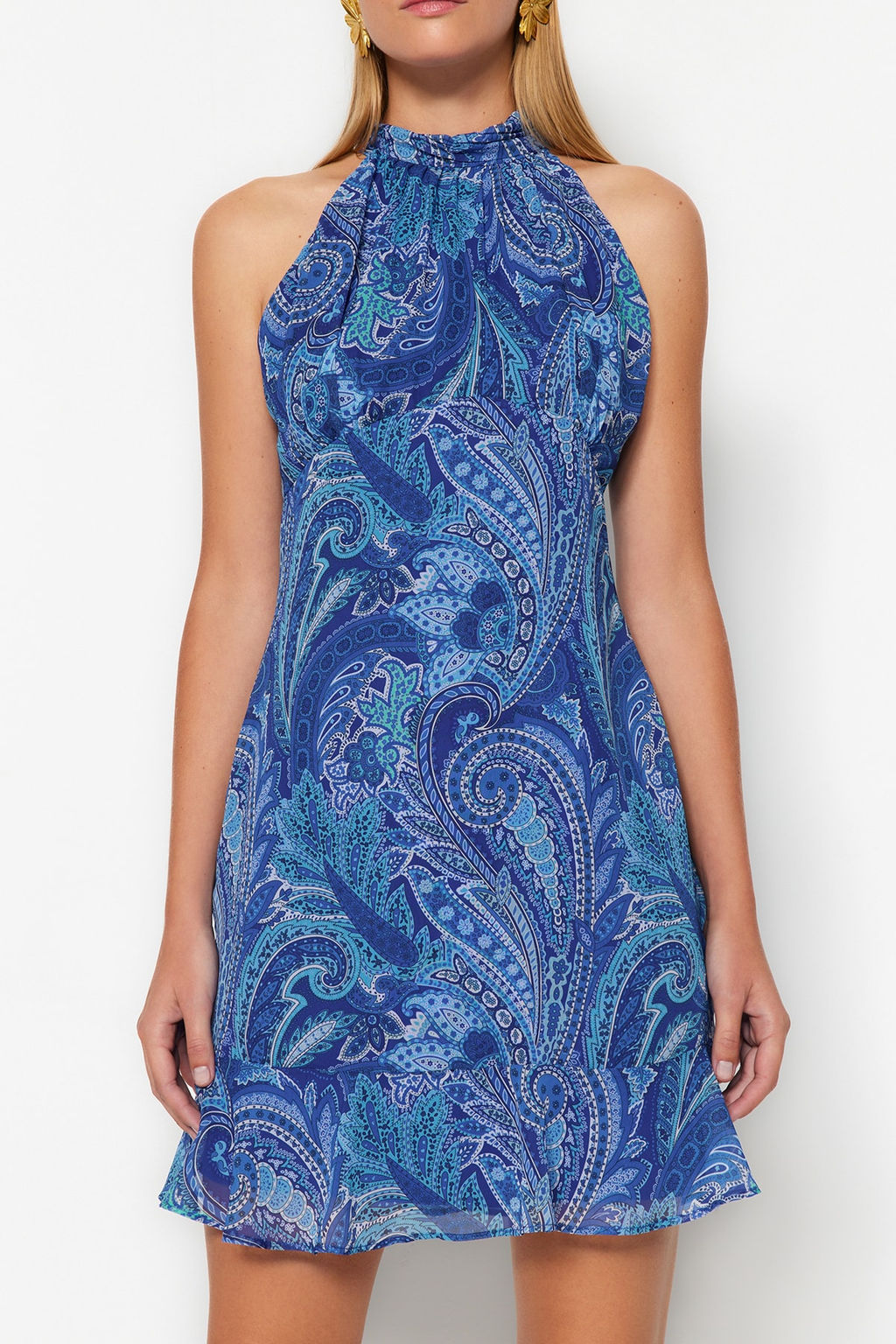 TRENDYOLMILLA Mavi Cicek Desenli Duz Kesim Halter Yaka Mini Astarl? Sifon Dokuma Elbise TWOSS23EL02293  фото 2