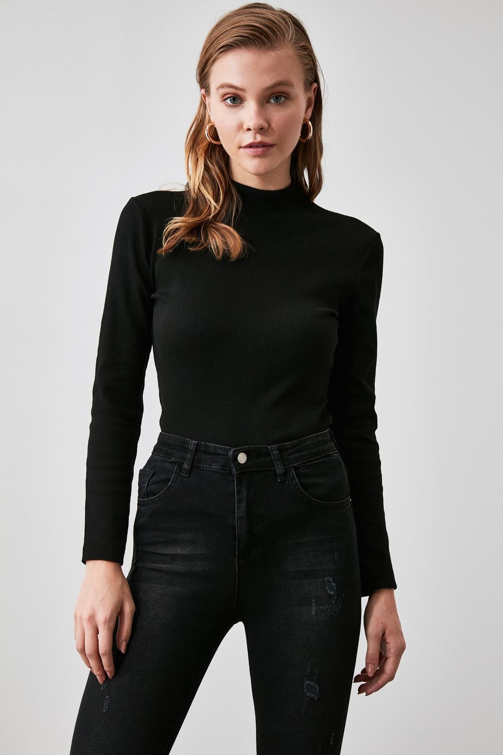Siyah Fitted/Vucuda Oturan Dik Yaka Uzun Kol Fitilli Esnek Orme Bluz TWOAW21BZ0423