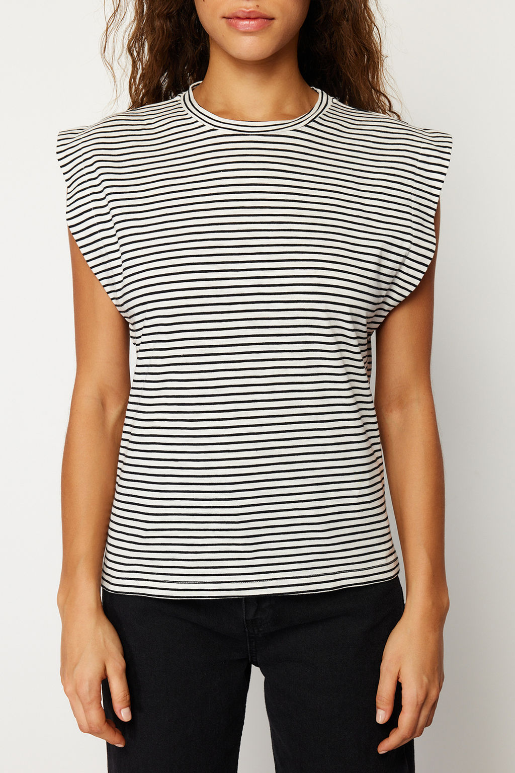 Cok Renkli %100 Pamuk Cizgili Vatka Gorunumlu Basic Bisiklet Yaka Orme T-Shirt TWOSS20TS0021