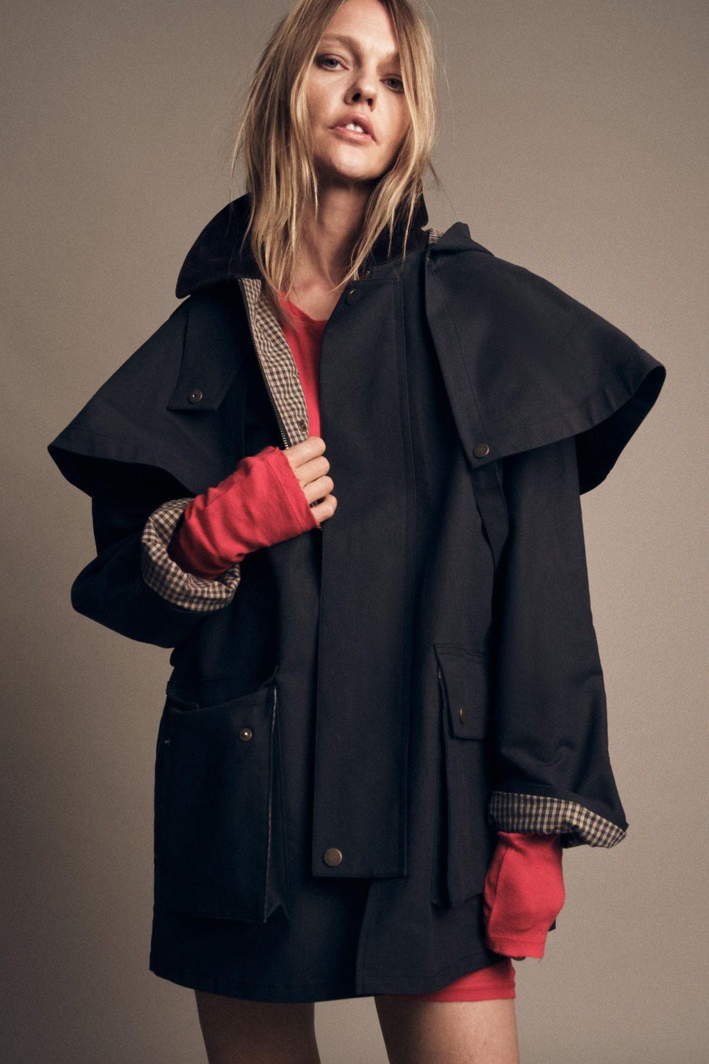 HOODED CONTRAST LAPEL TRENCH COAT ZW COLLECTION