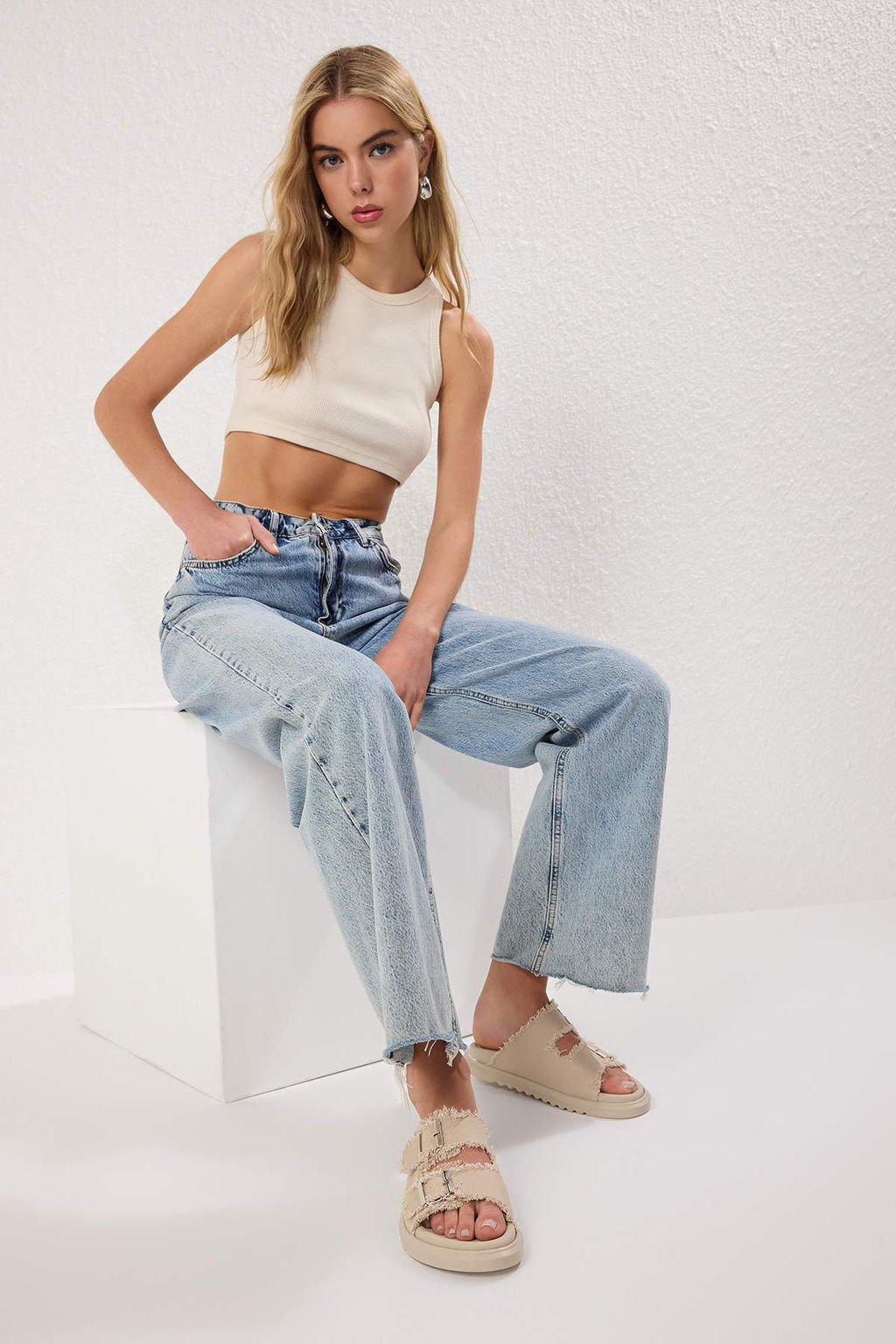 Trendyolmilla Shoes Ekru Denim Puskullu Toka Detayl? Cift Bantl? Kad?n Terlik TAKSS25TE00038  фото 7