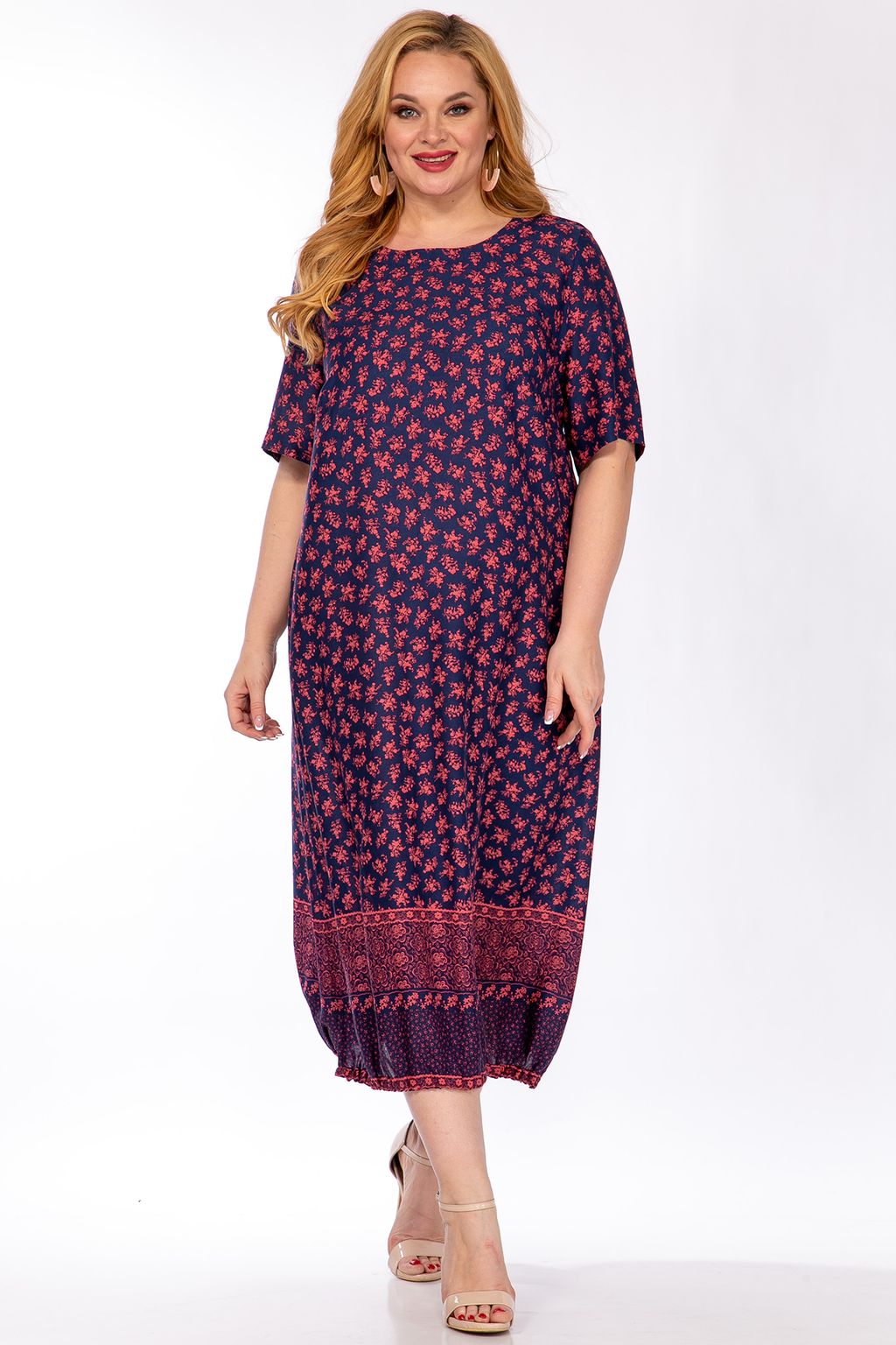 Платье синее с розовым принтом из вискозы plus size